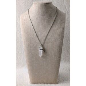 Clear Quartz Point Pendant Necklace Butterfly Charm Silver Tone Adult Jewelry